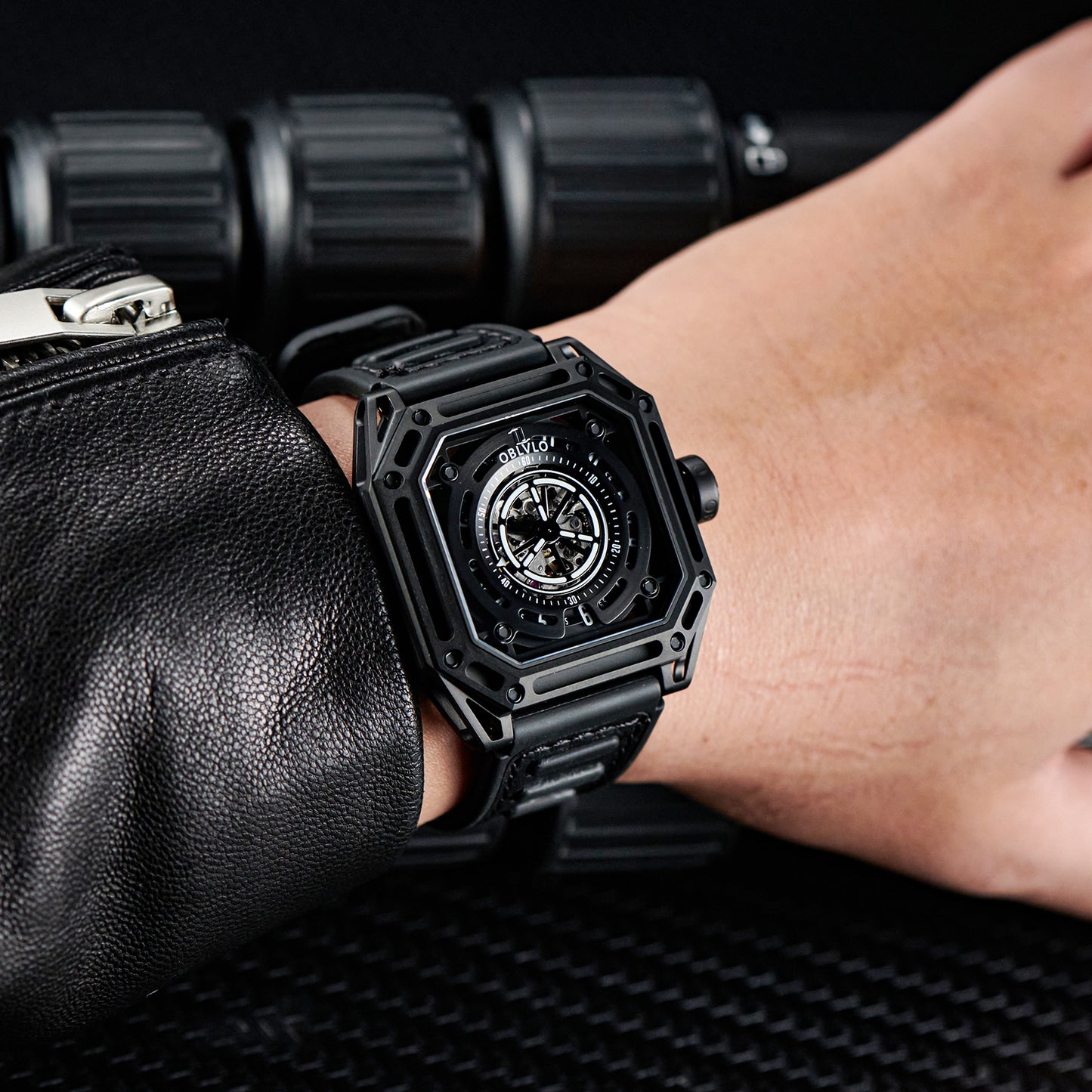 【OBLVLO】Mechanic Series Automatic Skeleton Wristwatch with Rubber Strap - Black