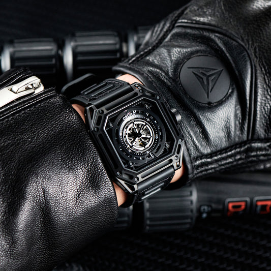 【OBLVLO】Mechanic Series Automatic Skeleton Wristwatch with Rubber Strap - Black