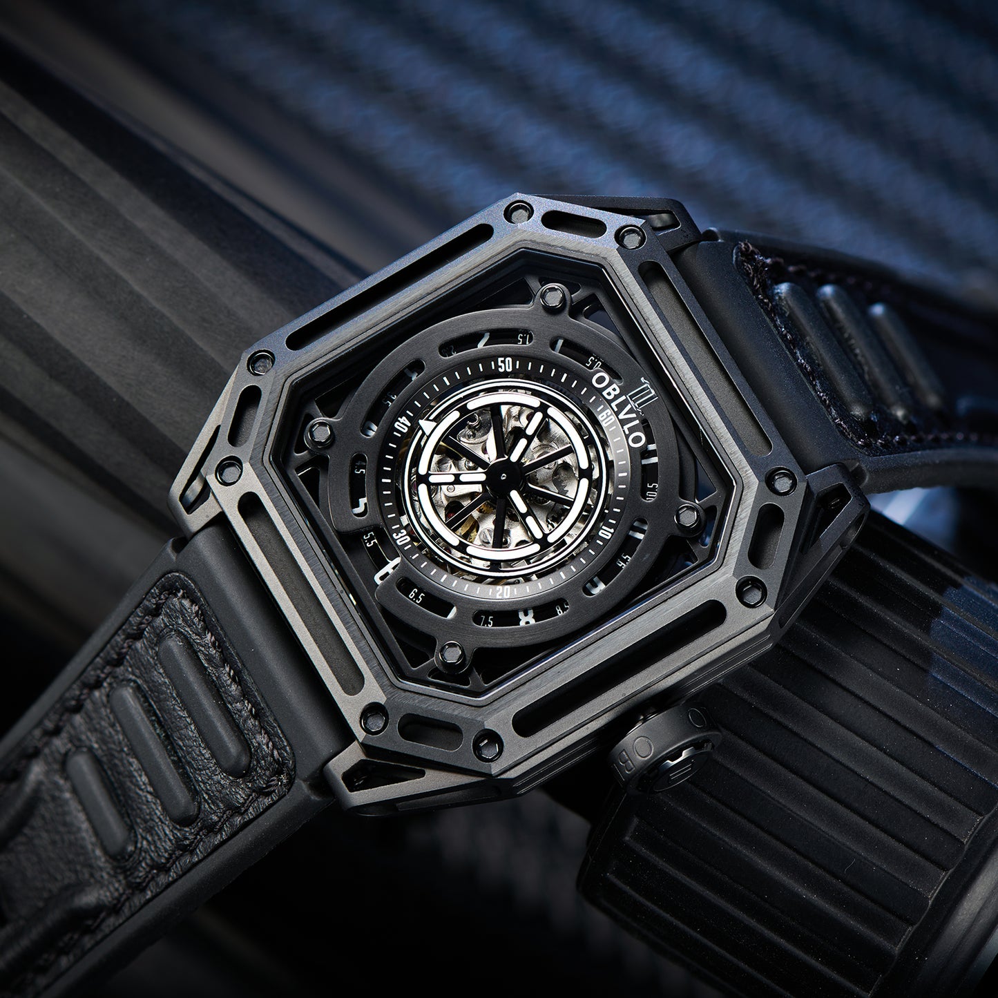 【OBLVLO】Mechanic Series Automatic Skeleton Wristwatch with Rubber Strap - Black