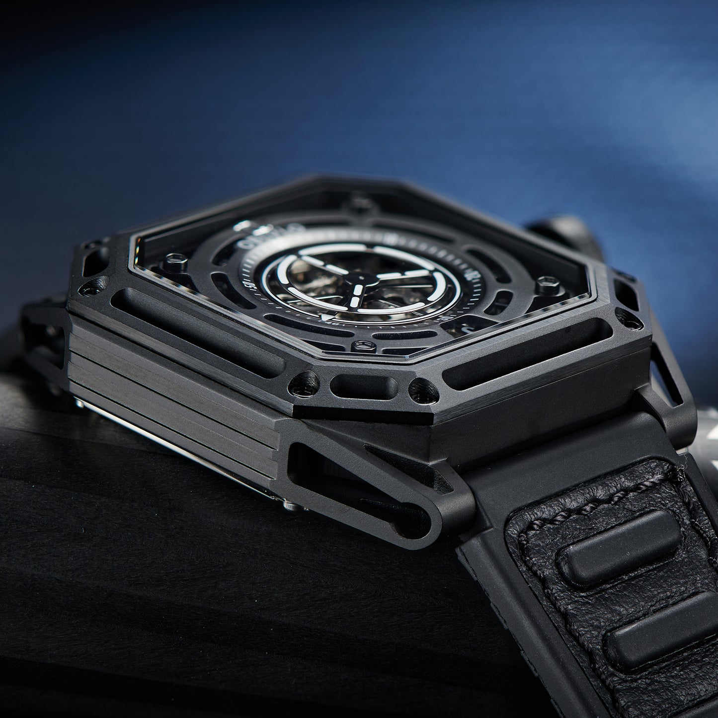 【OBLVLO】Mechanic Series Automatic Skeleton Wristwatch with Rubber Strap - Black