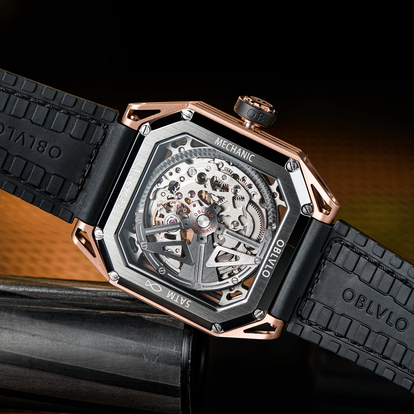 【OBLVLO】Mechanic Series Automatic Skeleton Wristwatch with Rubber Strap - Gold