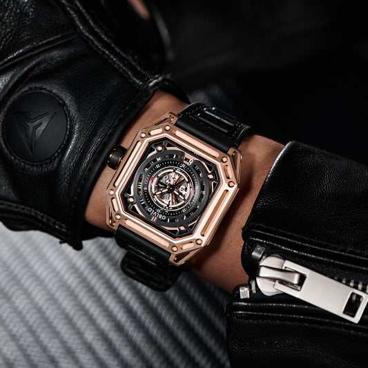 【OBLVLO】Mechanic Series Automatic Skeleton Wristwatch with Rubber Strap - Gold