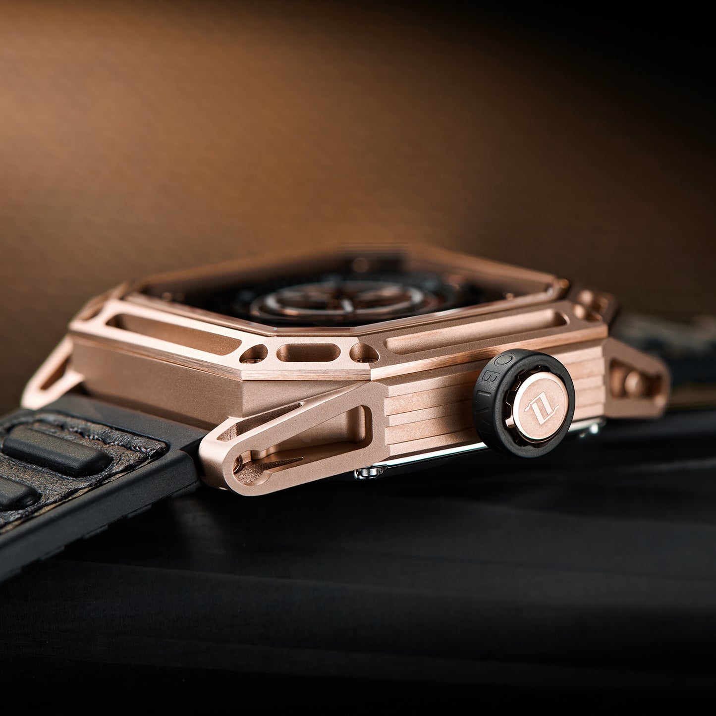 【OBLVLO】Mechanic Series Automatic Skeleton Wristwatch with Rubber Strap - Gold