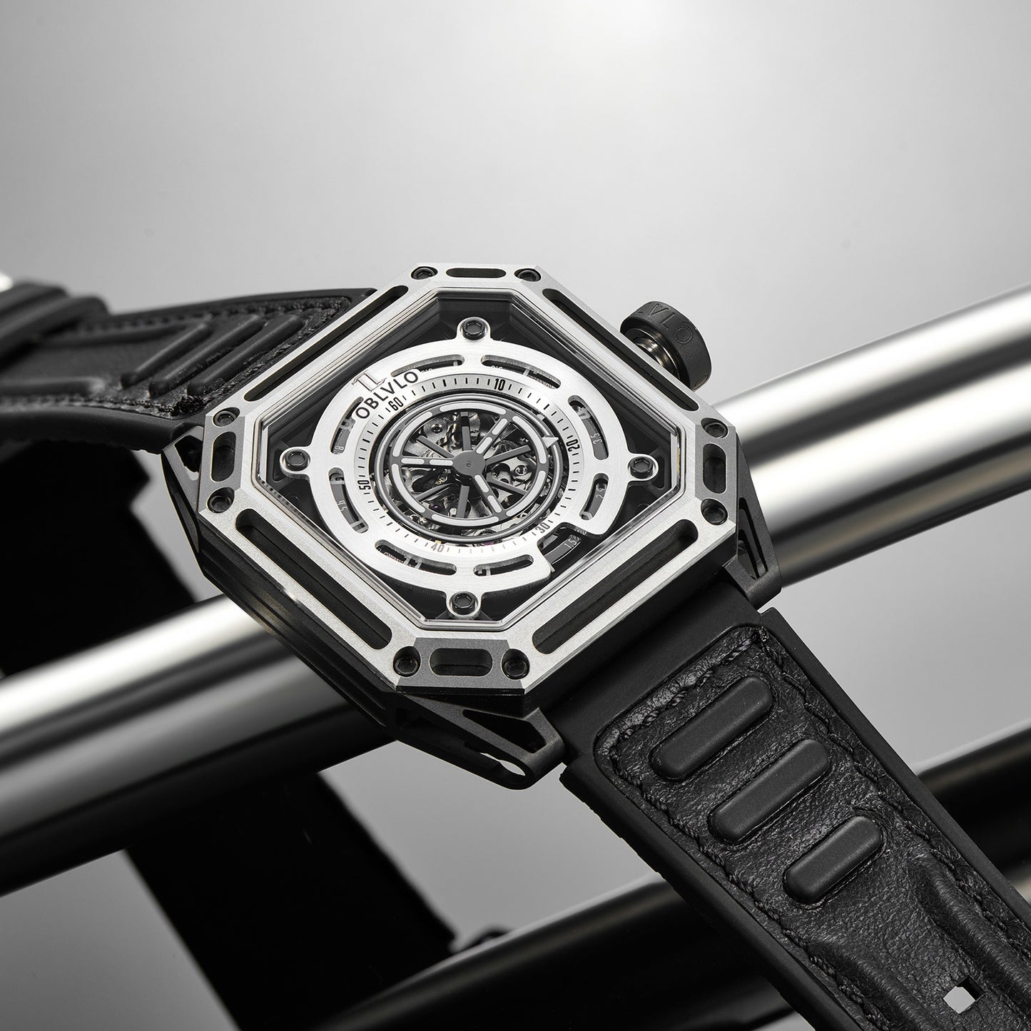 【OBLVLO】Mechanic Series Automatic Skeleton Wristwatch with Rubber Strap - Silver
