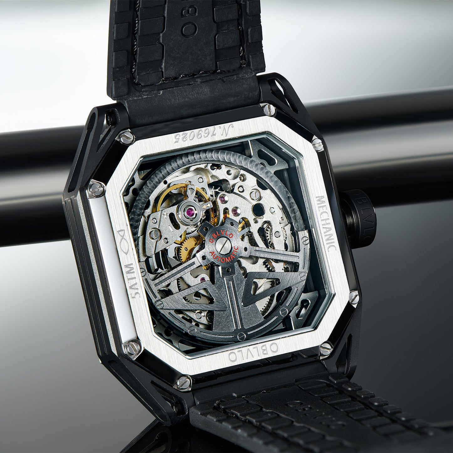 【OBLVLO】Mechanic Series Automatic Skeleton Wristwatch with Rubber Strap - Silver