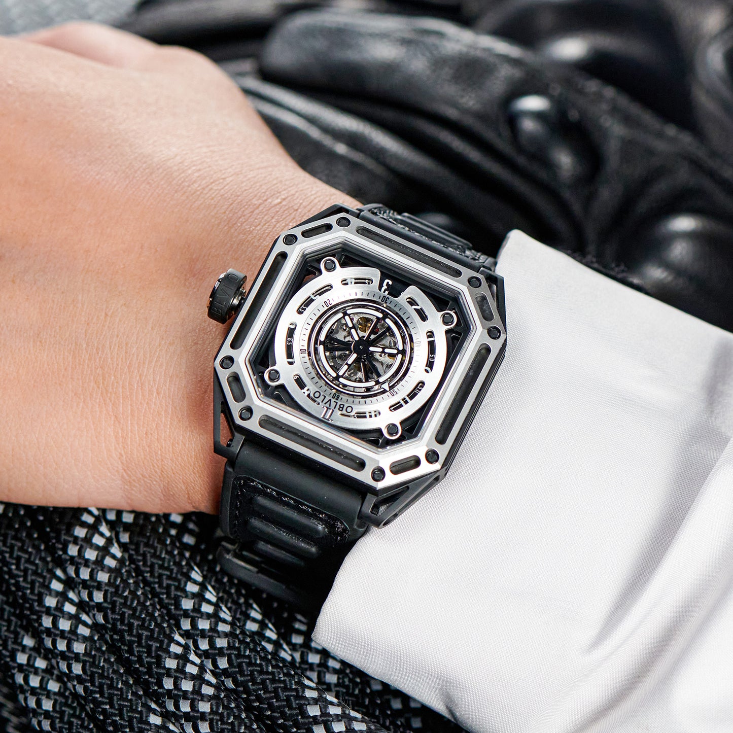 【OBLVLO】Mechanic Series Automatic Skeleton Wristwatch with Rubber Strap - Silver
