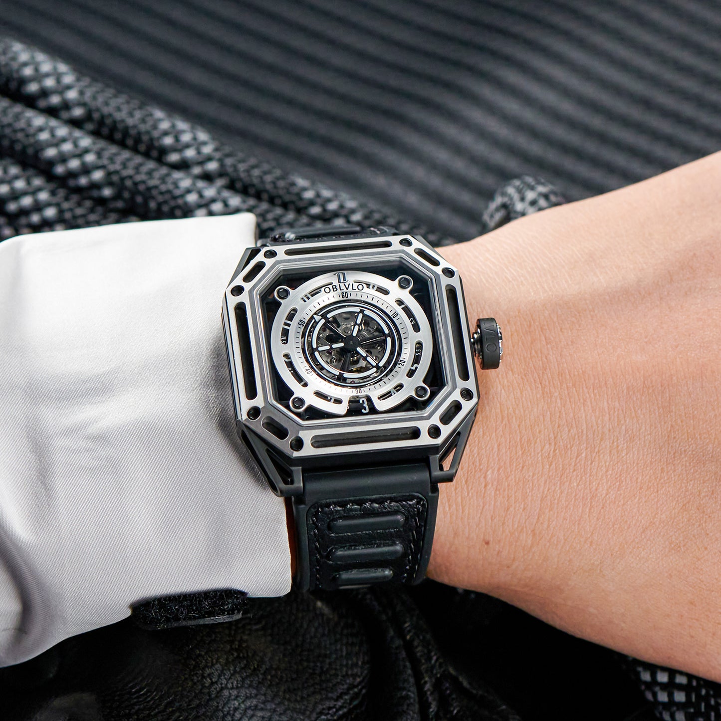 【OBLVLO】Mechanic Series Automatic Skeleton Wristwatch with Rubber Strap - Silver