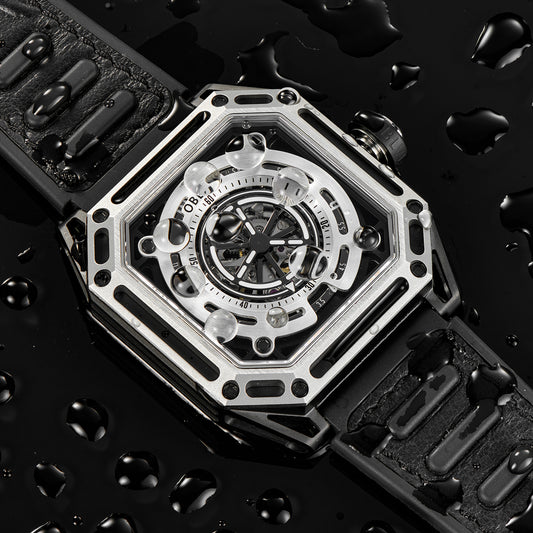 【OBLVLO】Mechanic Series Automatic Skeleton Wristwatch with Rubber Strap - Silver