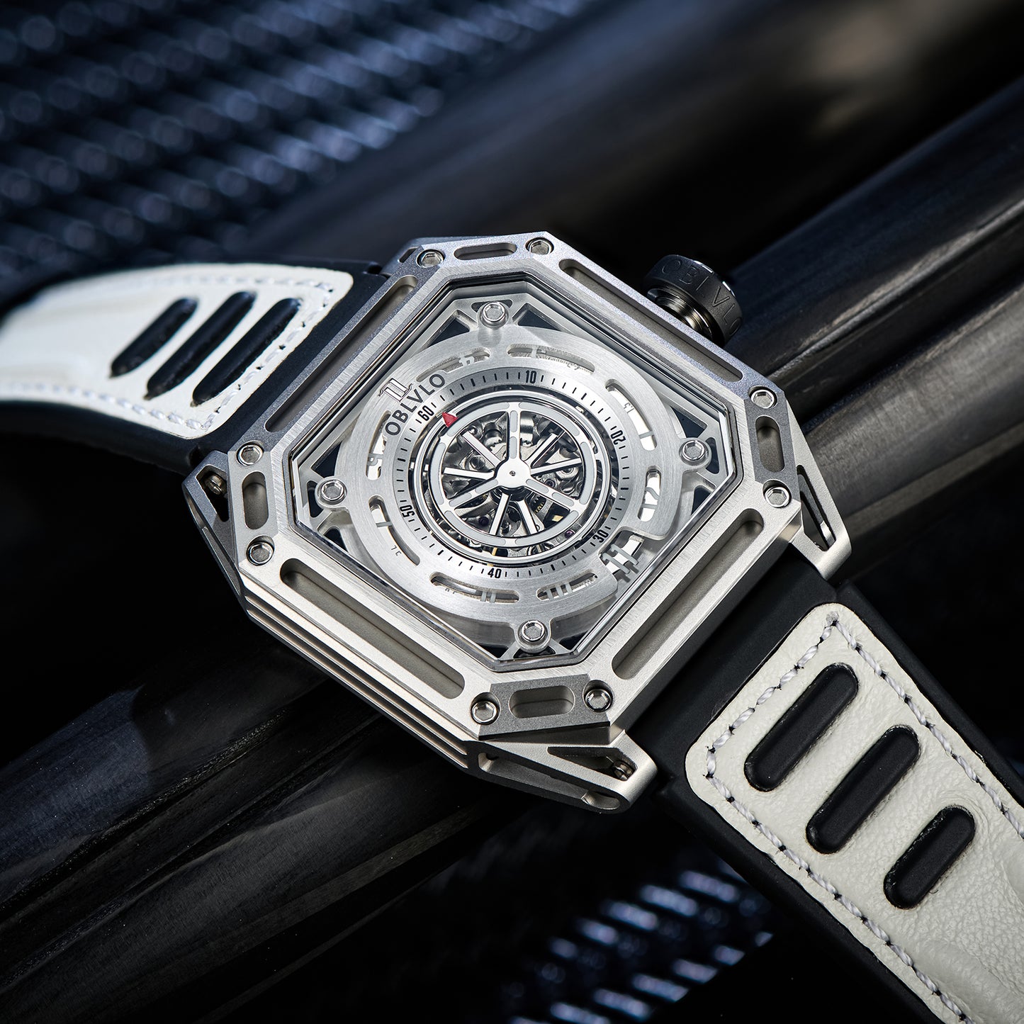 【OBLVLO】Mechanic Series Automatic Skeleton Wristwatch with Rubber Strap - White