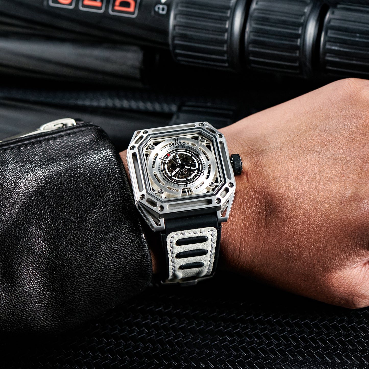 【OBLVLO】Mechanic Series Automatic Skeleton Wristwatch with Rubber Strap - White