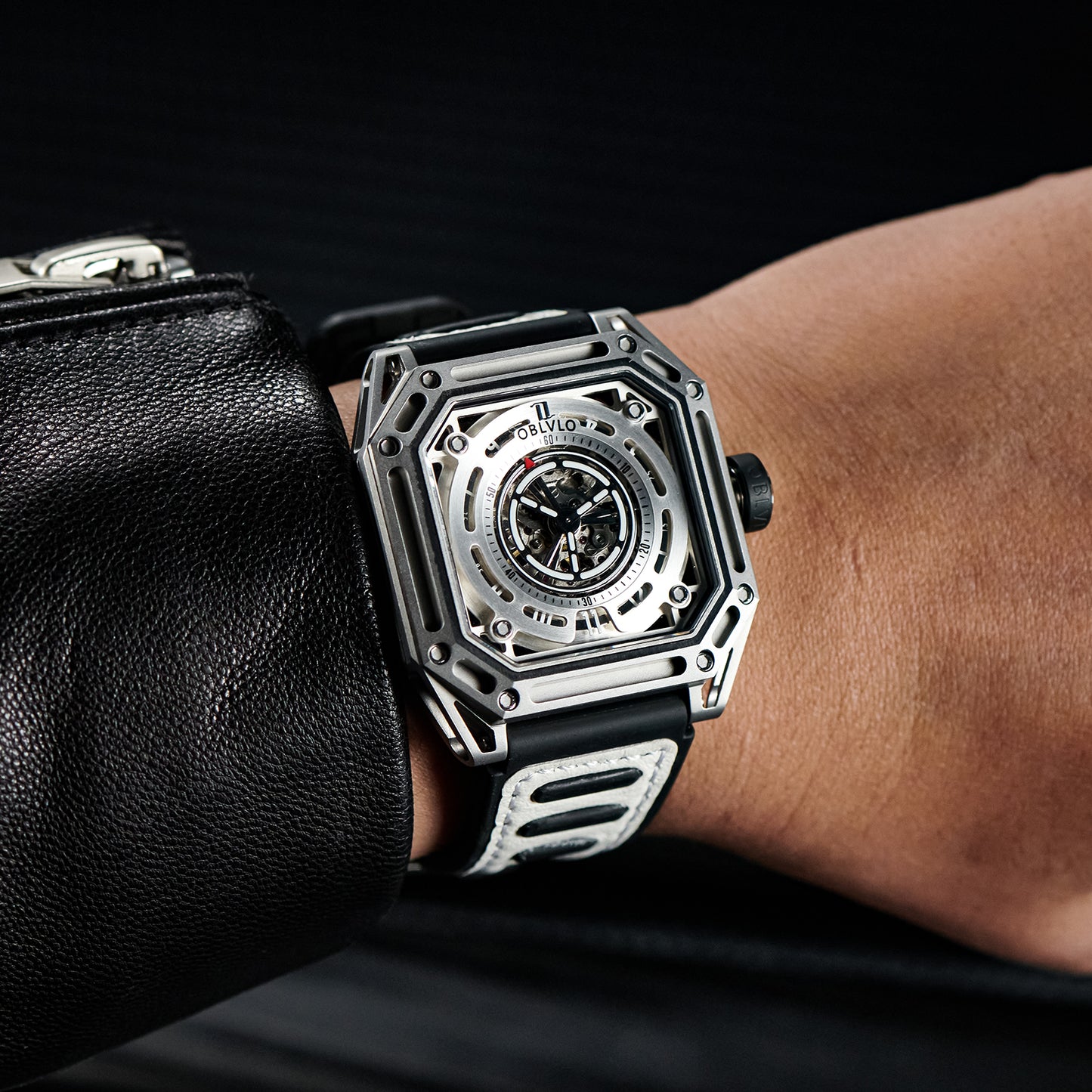 【OBLVLO】Mechanic Series Automatic Skeleton Wristwatch with Rubber Strap - White