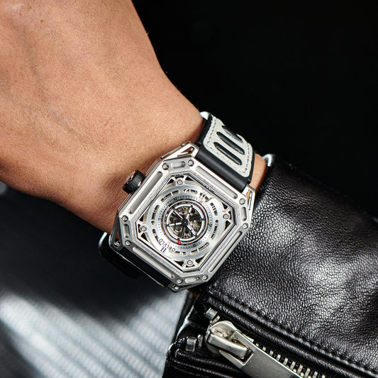 【OBLVLO】Mechanic Series Automatic Skeleton Wristwatch with Rubber Strap - White