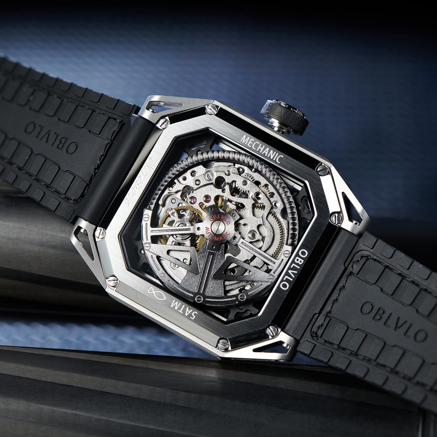 【OBLVLO】Mechanic Series Automatic Skeleton Wristwatch with Rubber Strap - White