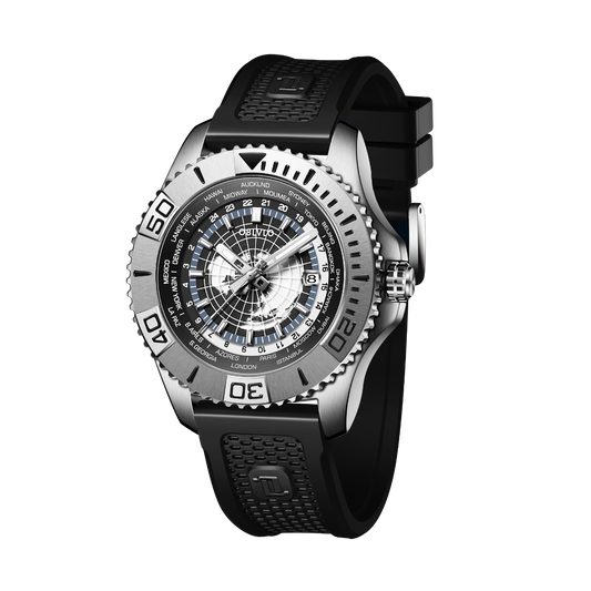 【OBLVLO】世界时间潜水运动银色表圈自动军用潜水男表 BM-YBB