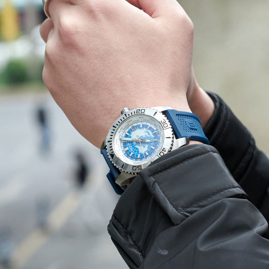 【OBLVLO】世界时间潜水运动银色表圈自动军用潜水蓝色表盘男表 BM-YLL