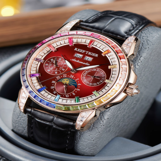 【Reef Tiger】Diamond bezel Moon phase Automatic Watch RGA1988-D-PCRBL