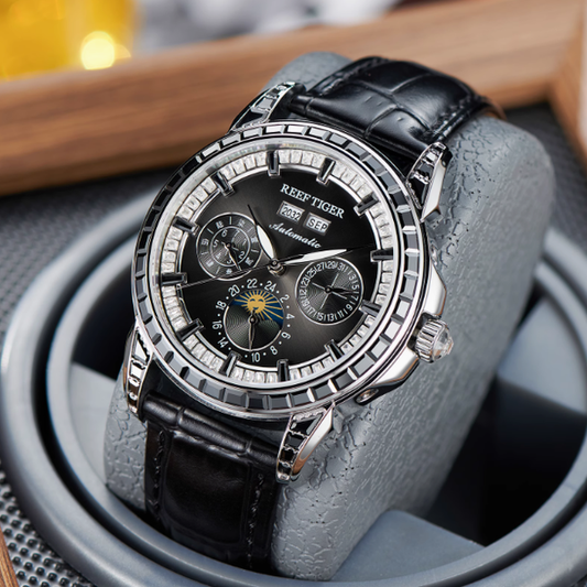 【Reef Tiger】Diamond bezel Moon phase Automatic Watch RGA1988-D-YBBL