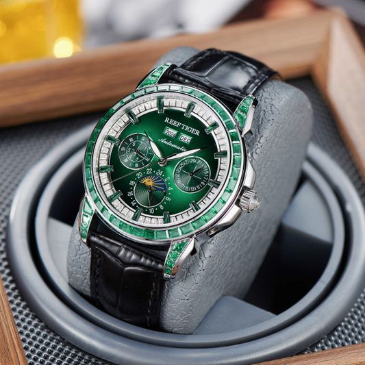 【Reef Tiger】Diamond bezel Moon phase Automatic Watch RGA1988-D-YGGBL