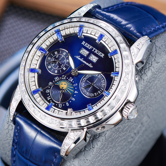 【Reef Tiger】Diamond bezel Moon phase Automatic Watch RGA1988-D-YLLL