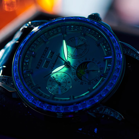 【Reef Tiger】Diamond bezel Moon phase Automatic Watch RGA1988-D-YLLLL