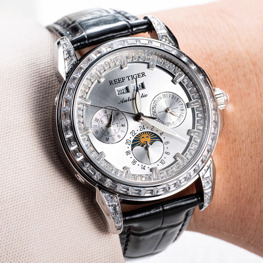 【Reef Tiger】Diamond bezel Moon phase Automatic Watch RGA1988-D-YWBL