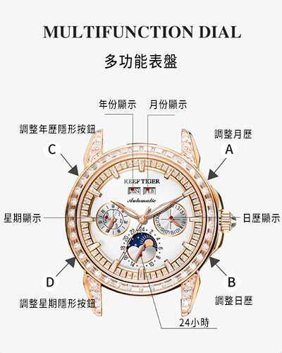 【Reef Tiger】Diamond bezel Moon phase Automatic Watch RGA1988-D-YWBL