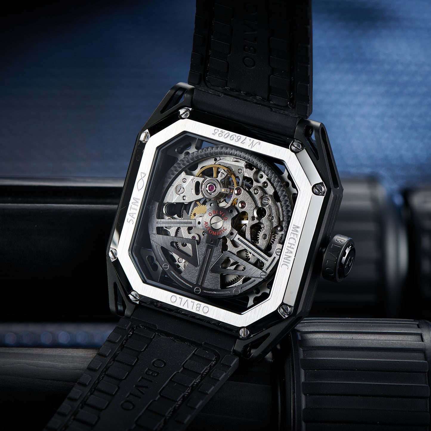 【OBLVLO】Mechanic Series Automatic Skeleton Wristwatch with Rubber Strap - Black