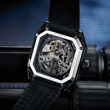 【OBLVLO】Mechanic Series Automatic Skeleton Wristwatch with Rubber Strap - Black