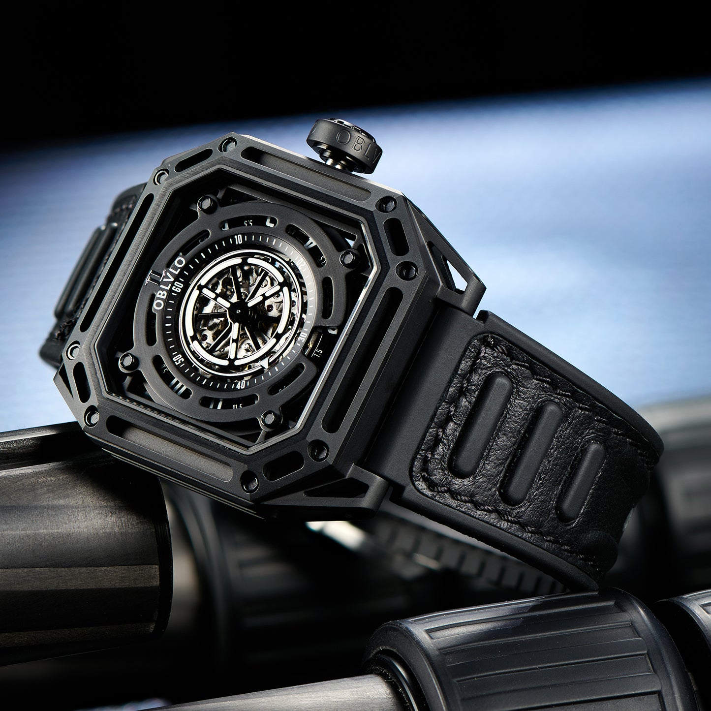 【OBLVLO】Mechanic Series Automatic Skeleton Wristwatch with Rubber Strap - Black