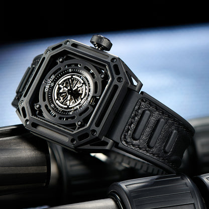 【OBLVLO】Mechanic Series Automatic Skeleton Wristwatch with Rubber Strap - Black