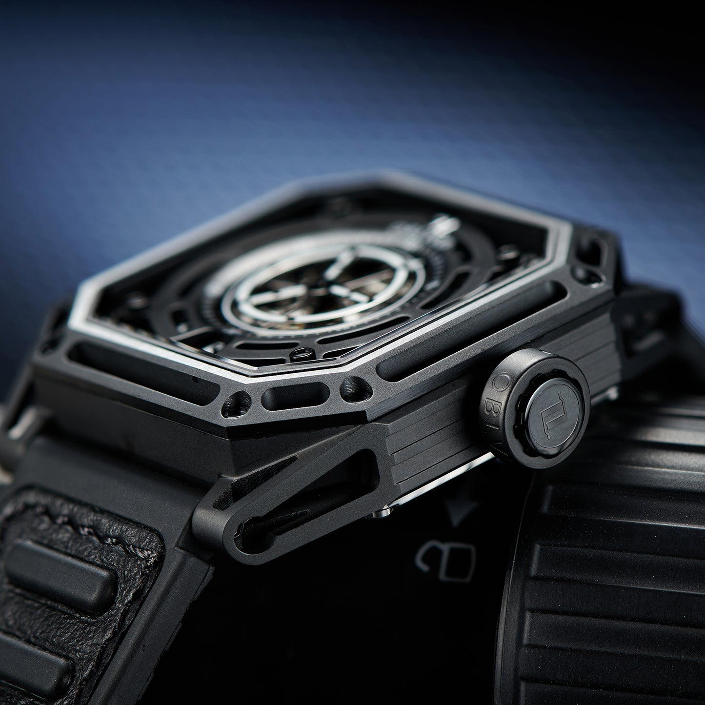 【OBLVLO】Mechanic Series Automatic Skeleton Wristwatch with Rubber Strap - Black