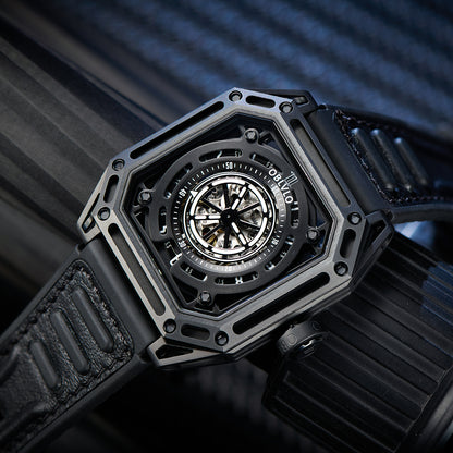 【OBLVLO】Mechanic Series Automatic Skeleton Wristwatch with Rubber Strap - Black