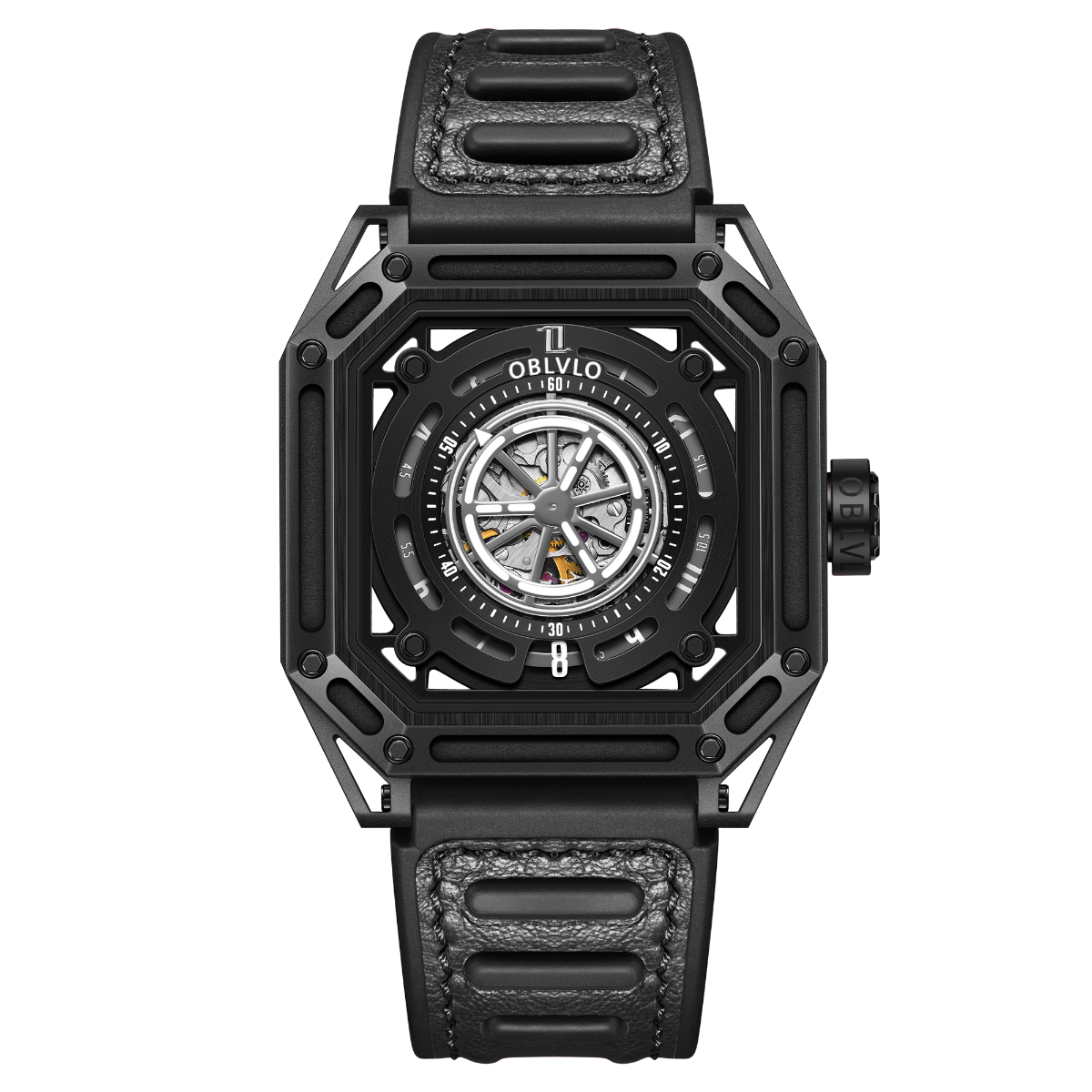 【OBLVLO】Mechanic Series Automatic Skeleton Wristwatch with Rubber Strap - Black