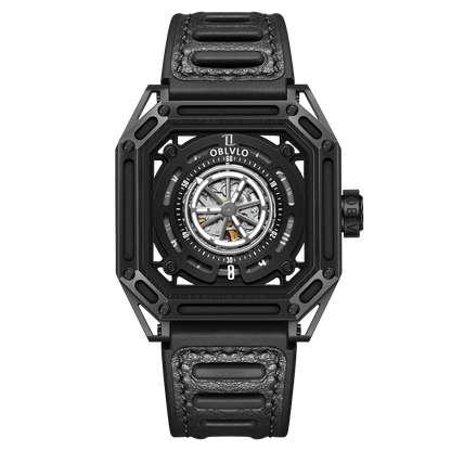 【OBLVLO】Mechanic Series Automatic Skeleton Wristwatch with Rubber Strap - Black