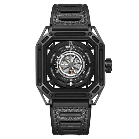 【OBLVLO】Mechanic Series Automatic Skeleton Wristwatch with Rubber Strap - Black