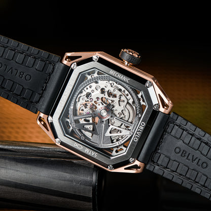 【OBLVLO】Mechanic Series Automatic Skeleton Wristwatch with Rubber Strap - Gold