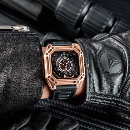 【OBLVLO】Mechanic Series Automatic Skeleton Wristwatch with Rubber Strap - Gold