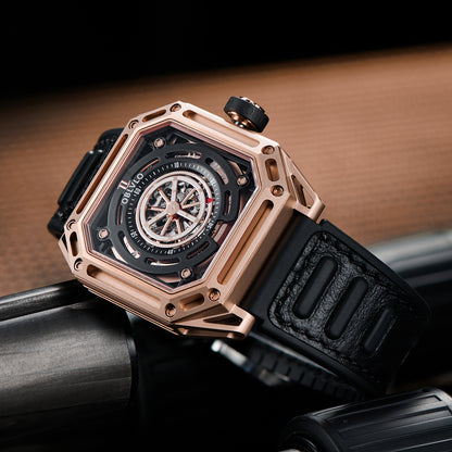 【OBLVLO】Mechanic Series Automatic Skeleton Wristwatch with Rubber Strap - Gold