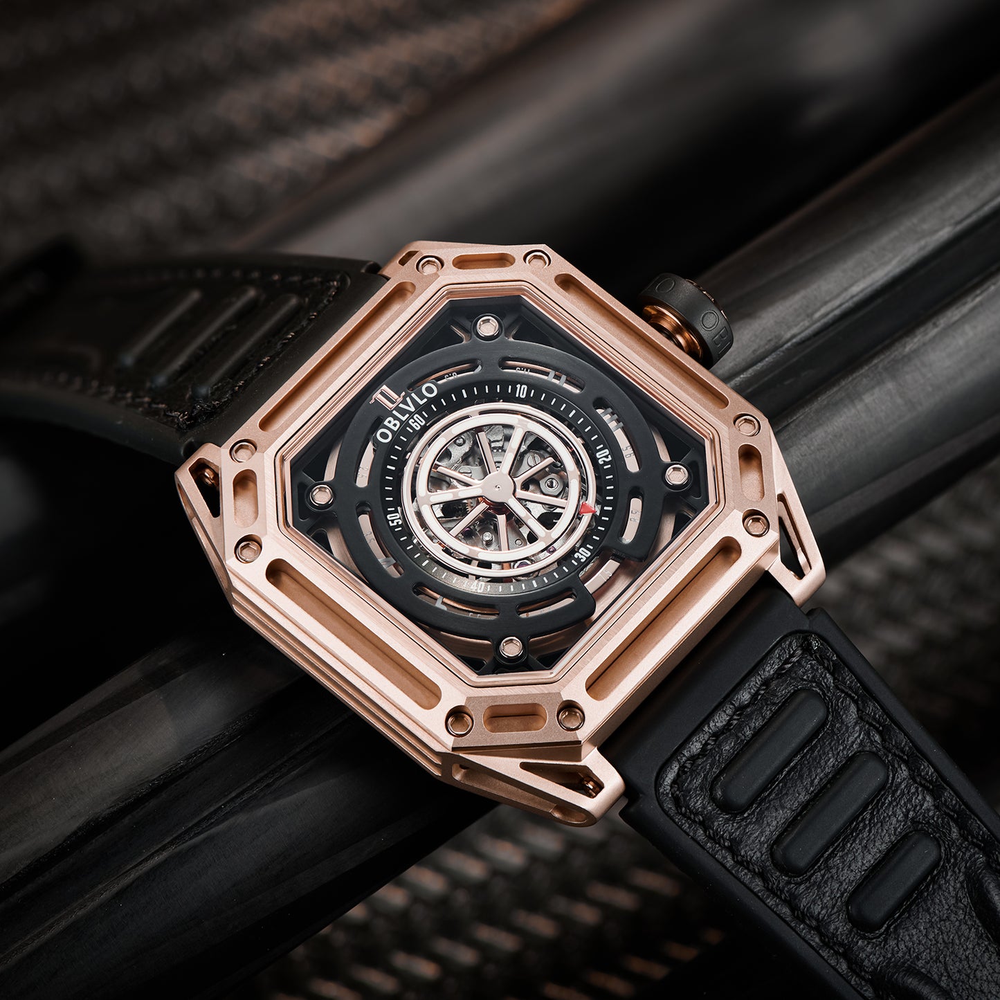 【OBLVLO】Mechanic Series Automatic Skeleton Wristwatch with Rubber Strap - Gold