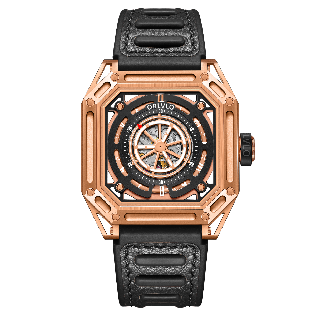 【OBLVLO】Mechanic Series Automatic Skeleton Wristwatch with Rubber Strap - Gold