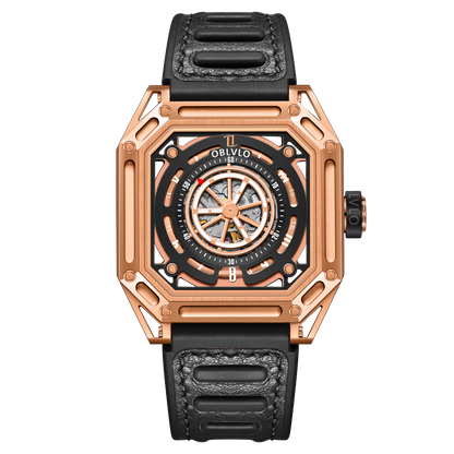 【OBLVLO】Mechanic Series Automatic Skeleton Wristwatch with Rubber Strap - Gold