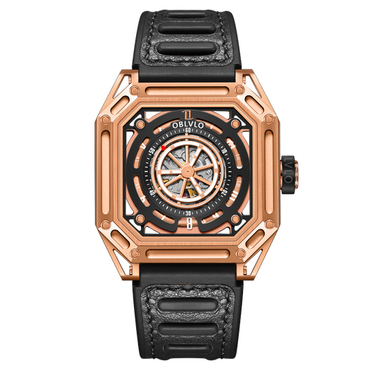 【OBLVLO】Mechanic Series Automatic Skeleton Wristwatch with Rubber Strap - Gold