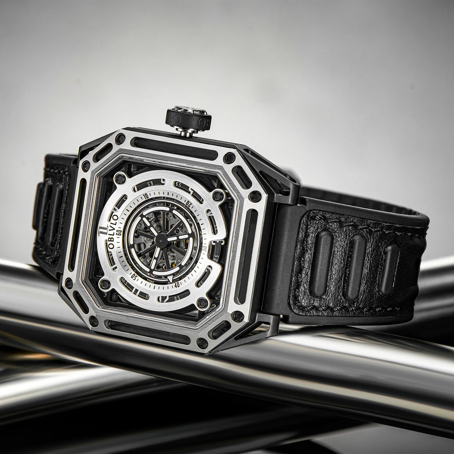 【OBLVLO】Mechanic Series Automatic Skeleton Wristwatch with Rubber Strap - Silver