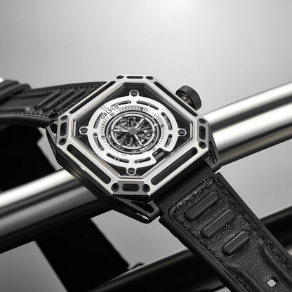 【OBLVLO】Mechanic Series Automatic Skeleton Wristwatch with Rubber Strap - Silver