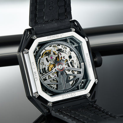 【OBLVLO】Mechanic Series Automatic Skeleton Wristwatch with Rubber Strap - Silver
