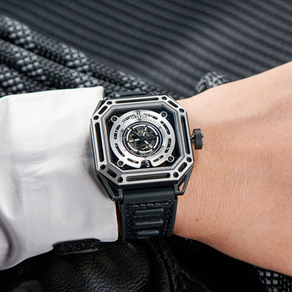 【OBLVLO】Mechanic Series Automatic Skeleton Wristwatch with Rubber Strap - Silver