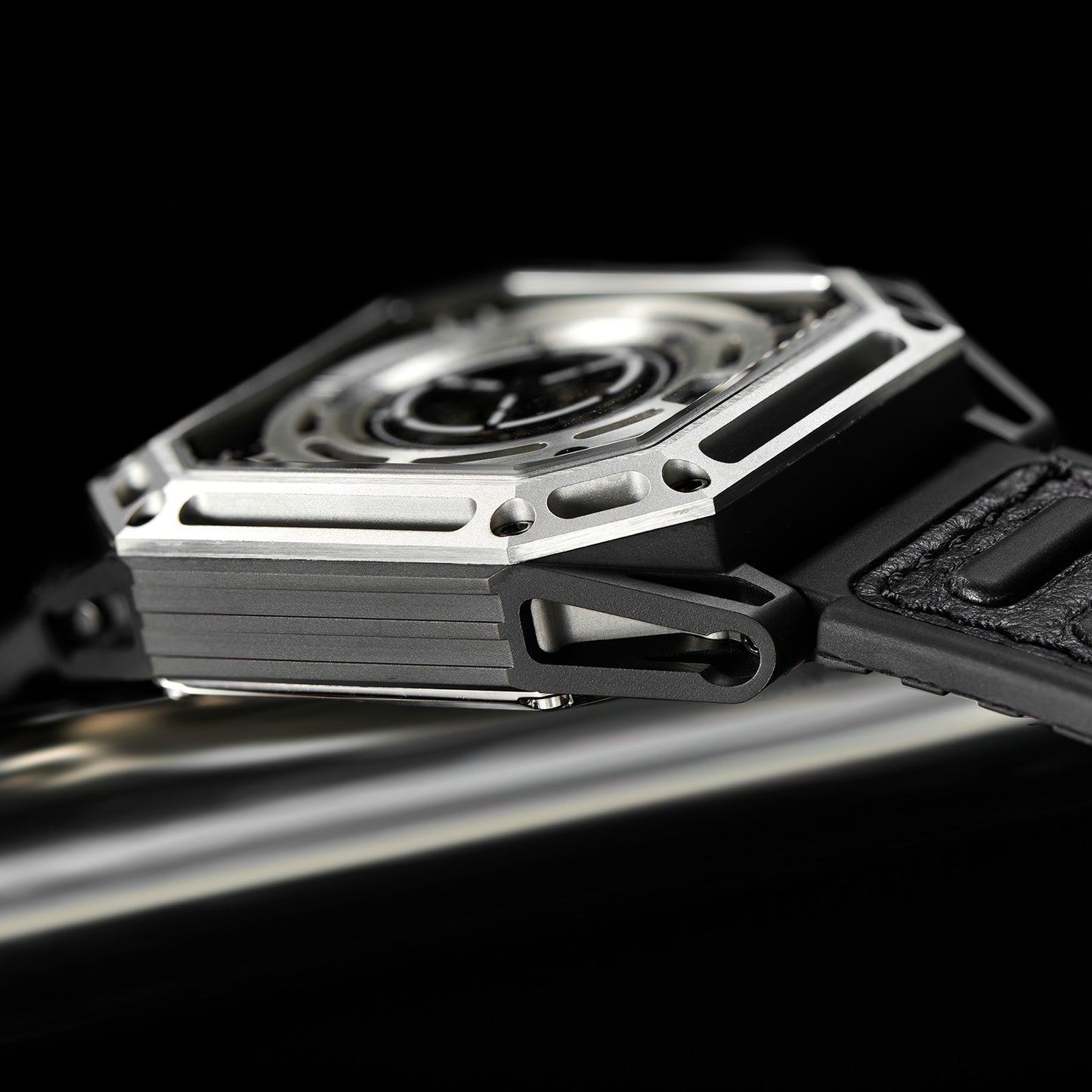【OBLVLO】Mechanic Series Automatic Skeleton Wristwatch with Rubber Strap - Silver