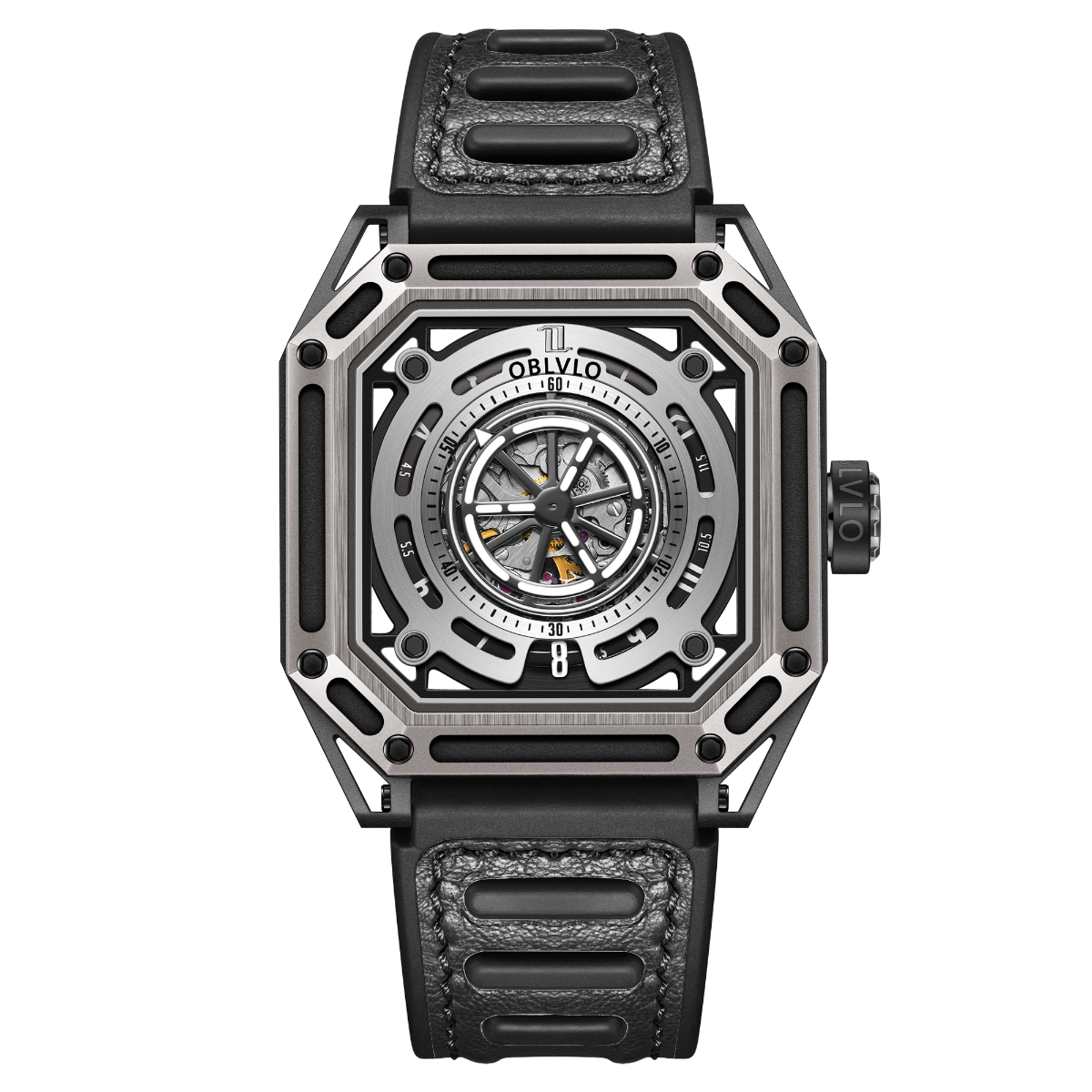 【OBLVLO】Mechanic Series Automatic Skeleton Wristwatch with Rubber Strap - Silver