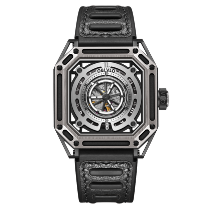 【OBLVLO】Mechanic Series Automatic Skeleton Wristwatch with Rubber Strap - Silver
