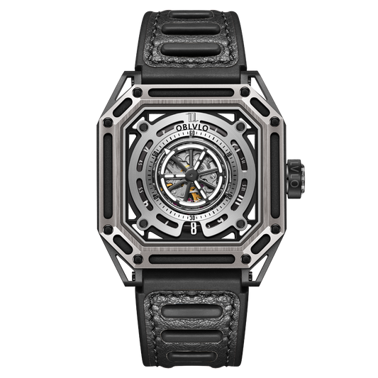 【OBLVLO】Mechanic Series Automatic Skeleton Wristwatch with Rubber Strap - Silver